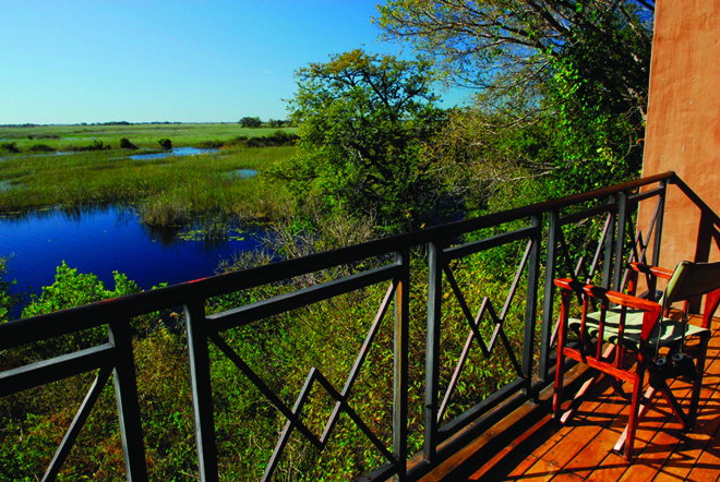 View over the Kwando river from a bungalow at Namushasha River Lodge Caprivi Namibia