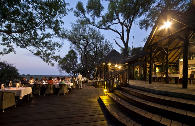Picture of dining area at night at Namushasha River Lodge at Caprivi in Namibia