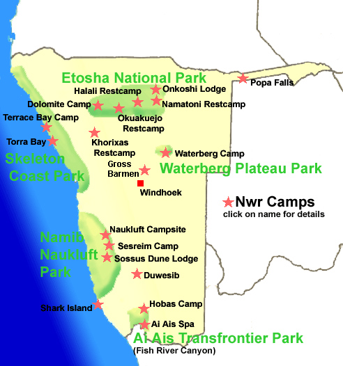 Namibia National Parks Map Namibia Wildlife Resorts Location Map
