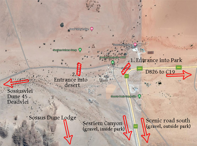 Map showing directions to Sossus Dune Lodge from Swakopmund
