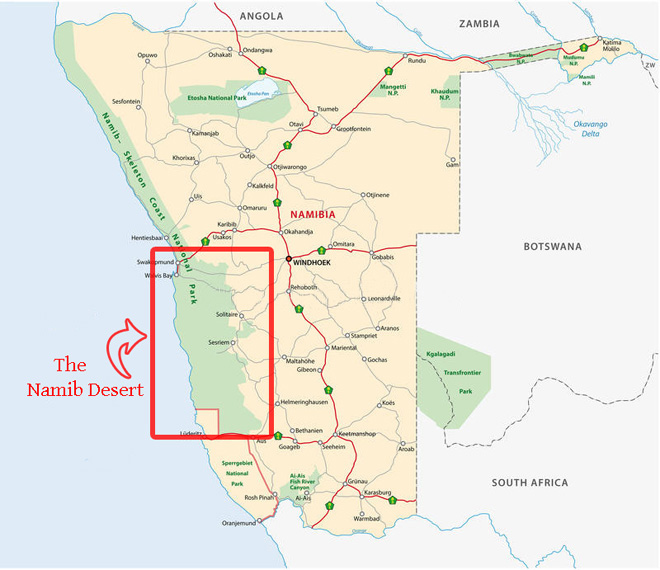 Map showing directions to Sossus Dune Lodge from Windhoek