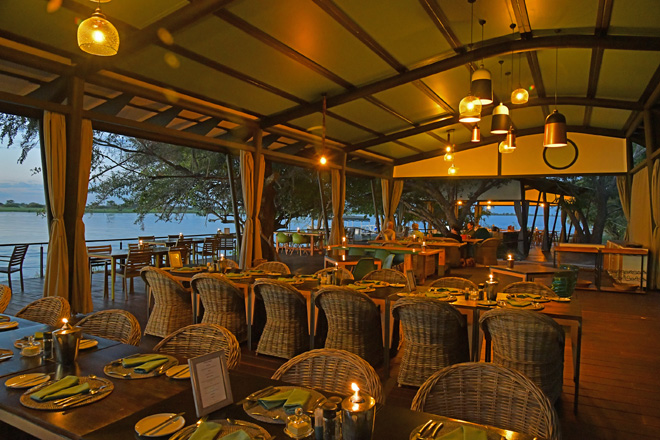 Dining facilities at restaurant at Zambezi Mubala Lodge Caprivi Namibia